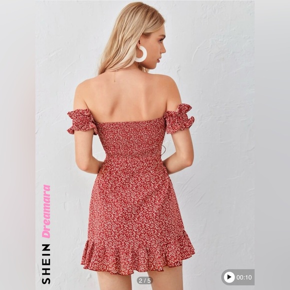 Tie Front Cutout Detail Shirred Back Bardot Dress women’s size medium - Picture 3 of 3